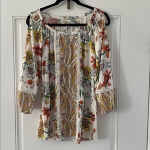 Fig & Flower Anthropology L Floral Print Peasant Top with Split Sleeve N013